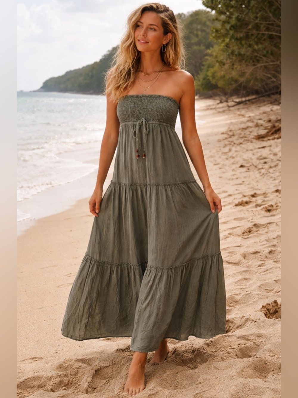 Olive Green Boho Maxi Dress Skirt Smocked Tiered Convertible Qed London M/L